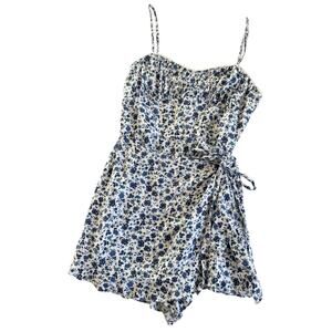 Altar’d State Blue and White Floral Print Faux Wrap Romper Women’s Medium